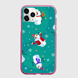 Чехол iPhone 11 Pro матовый РазНые Снеговики, цвет: 3D-малиновый