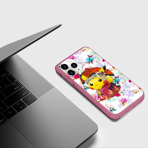 Чехол iPhone 11 Pro матовый Пикачу - Гейша / 3D-Малиновый – фото 3