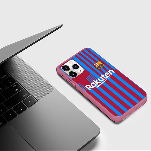 Чехол iPhone 11 Pro матовый Домашняя форма ФК «Барселона» / 3D-Малиновый – фото 3