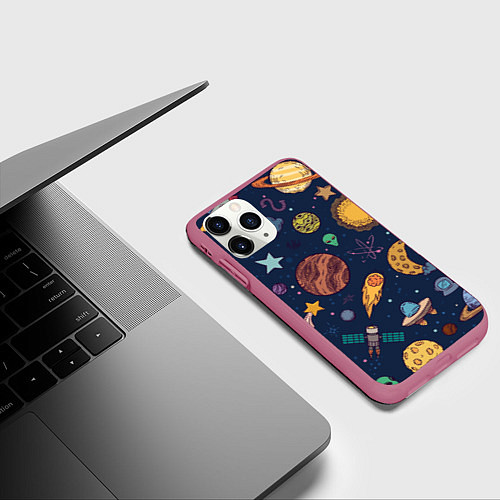 Чехол iPhone 11 Pro матовый Космический мир / 3D-Малиновый – фото 3