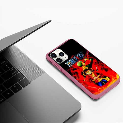 Чехол iPhone 11 Pro матовый Зоро и Луффи в огне One Piece / 3D-Малиновый – фото 3