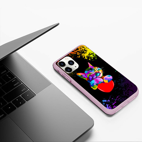 Чехол iPhone 11 Pro матовый РАДУЖНЫЙ КОТИК RAINBOW KITTY / 3D-Розовый – фото 3