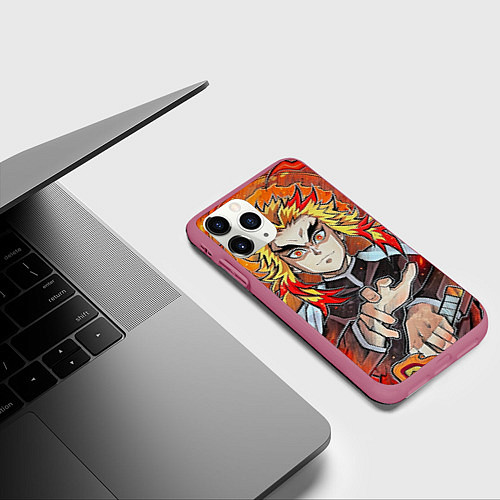 Чехол iPhone 11 Pro матовый Ренгоку Клинок демонов / 3D-Малиновый – фото 3