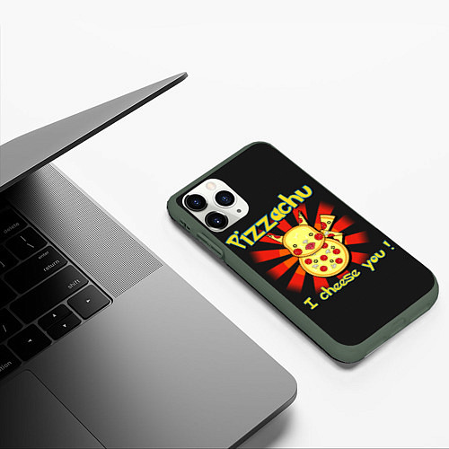 Чехол iPhone 11 Pro матовый Пиццачу / 3D-Темно-зеленый – фото 3