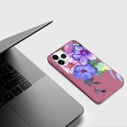 Чехол iPhone 11 Pro матовый Акварель цветы, цвет: 3D-малиновый — фото 2