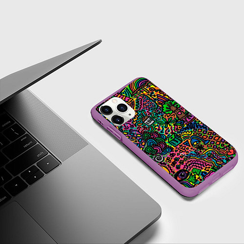 Чехол iPhone 11 Pro матовый Кислотные узоры психоделика / 3D-Фиолетовый – фото 3