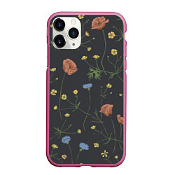 Чехол iPhone 11 Pro матовый Цветы На черном Фоне, цвет: 3D-малиновый