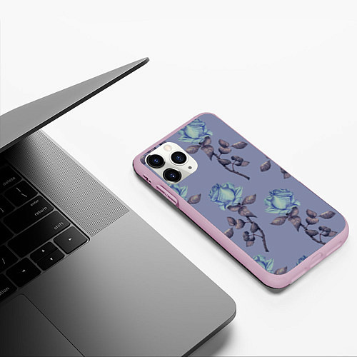Чехол iPhone 11 Pro матовый Голубые розы / 3D-Розовый – фото 3