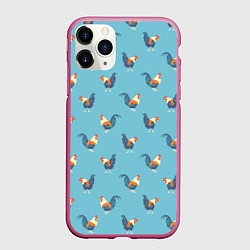 Чехол iPhone 11 Pro матовый Петушки паттерн, цвет: 3D-малиновый
