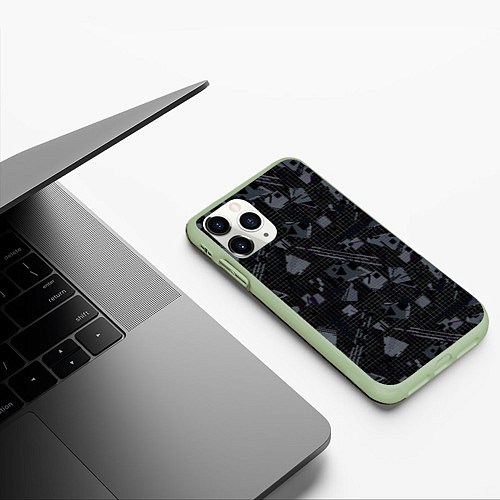 Чехол iPhone 11 Pro матовый Темный серый узор мемфис / 3D-Салатовый – фото 3