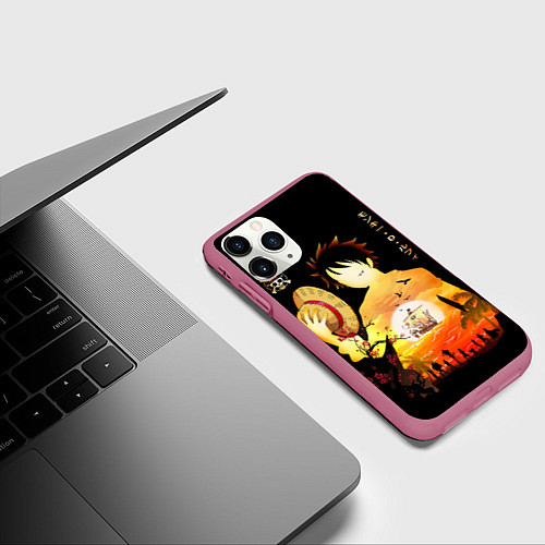Чехол iPhone 11 Pro матовый Силуэт Луффи One piece / 3D-Малиновый – фото 3