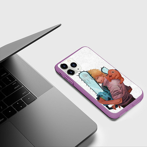 Чехол iPhone 11 Pro матовый Дэндзи, Почита и бензопила / 3D-Фиолетовый – фото 3