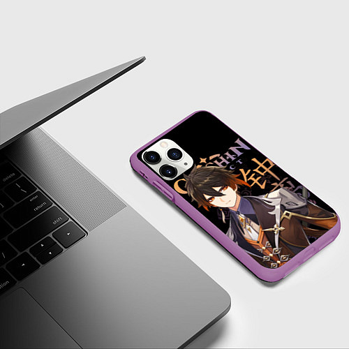 Чехол iPhone 11 Pro матовый Чжун Ли, Genshin Impact / 3D-Фиолетовый – фото 3