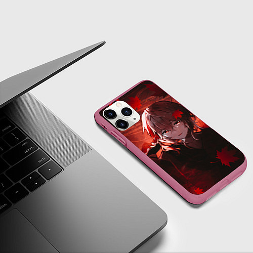 Чехол iPhone 11 Pro матовый Кадзуха в кленовых листьях / 3D-Малиновый – фото 3