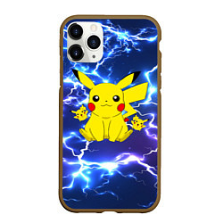 Чехол iPhone 11 Pro матовый ПИКАЧУ НА ФОНЕ МОЛНИЙ PIKACHU FLASH, цвет: 3D-коричневый