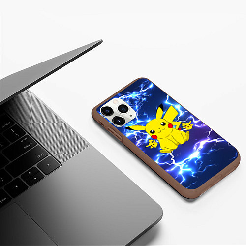 Чехол iPhone 11 Pro матовый ПИКАЧУ НА ФОНЕ МОЛНИЙ PIKACHU FLASH / 3D-Коричневый – фото 3