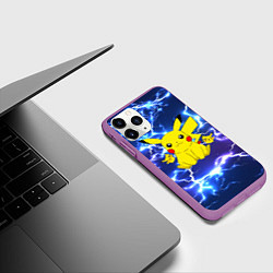 Чехол iPhone 11 Pro матовый ПИКАЧУ НА ФОНЕ МОЛНИЙ PIKACHU FLASH, цвет: 3D-фиолетовый — фото 2