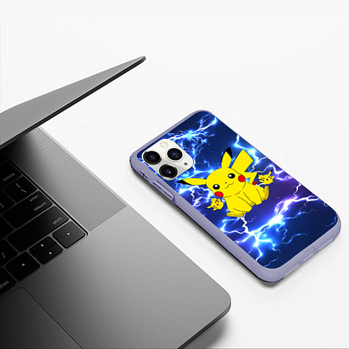 Чехол iPhone 11 Pro матовый ПИКАЧУ НА ФОНЕ МОЛНИЙ PIKACHU FLASH / 3D-Светло-сиреневый – фото 3