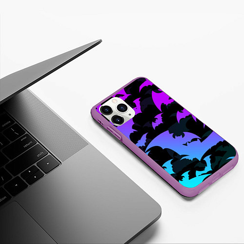 Чехол iPhone 11 Pro матовый ЛЕТУЧИЕ МЫШИ ХЕЛЛОУИН НЕОН HALLOWEEN NEON / 3D-Фиолетовый – фото 3