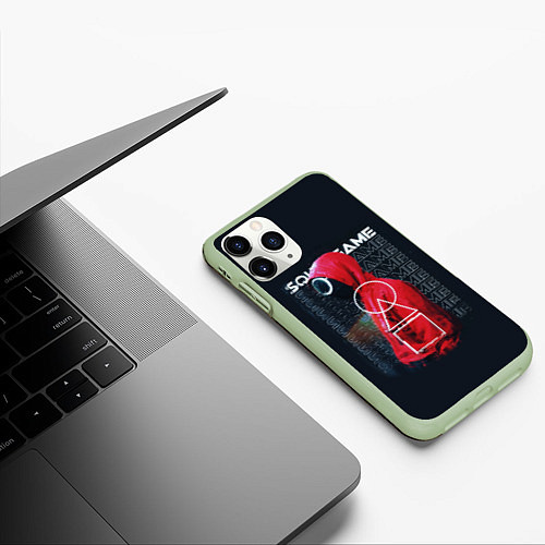 Чехол iPhone 11 Pro матовый SQUID GAME ИГРА В КАЛЬМАРА ЧЕЛОВЕК В МАСКЕ КРУГ / 3D-Салатовый – фото 3