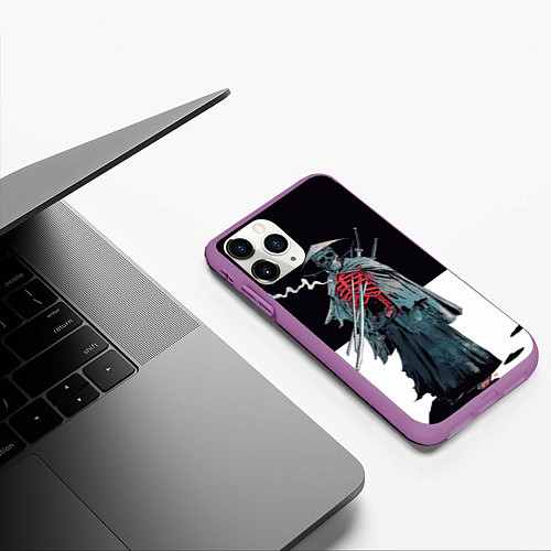 Чехол iPhone 11 Pro матовый Скелет Самурай с трубкой на черно белом фоне / 3D-Фиолетовый – фото 3