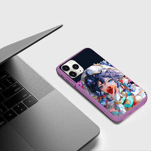 Чехол iPhone 11 Pro матовый Venti gi ест яблоко Genshin impact Геншин Импакт / 3D-Фиолетовый – фото 3