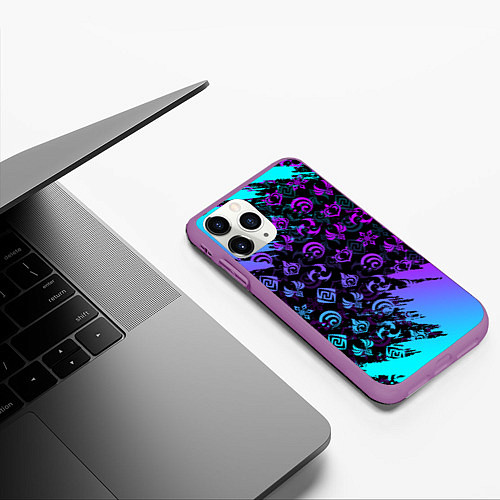 Чехол iPhone 11 Pro матовый GENSHIN NEON PATTERN SYMBOL НЕОН ЭМБЛЕМЫ / 3D-Фиолетовый – фото 3