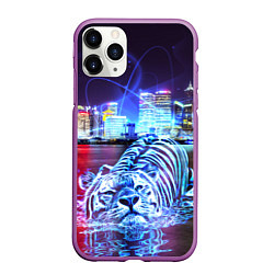 Чехол iPhone 11 Pro матовый Плывущий неоновый тигр, цвет: 3D-фиолетовый