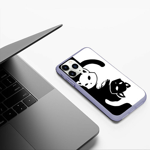 Чехол iPhone 11 Pro матовый Черный и белый кот кувыркаются / 3D-Светло-сиреневый – фото 3