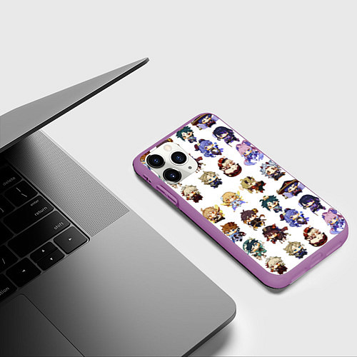 Чехол iPhone 11 Pro матовый Все герои Геншин Импакта чиби паттерн / 3D-Фиолетовый – фото 3