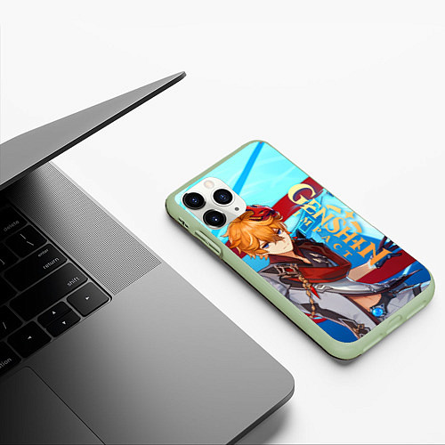 Чехол iPhone 11 Pro матовый Геншин импакт: Тарталья / 3D-Салатовый – фото 3