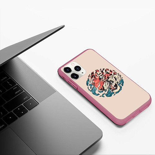 Чехол iPhone 11 Pro матовый Тора Японский тигр / 3D-Малиновый – фото 3