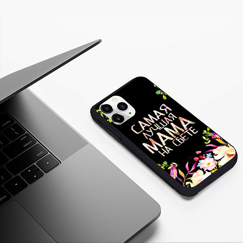 Чехол iPhone 11 Pro матовый Самой лучшей в мире маме, цветы на черном фоне / 3D-Черный – фото 3