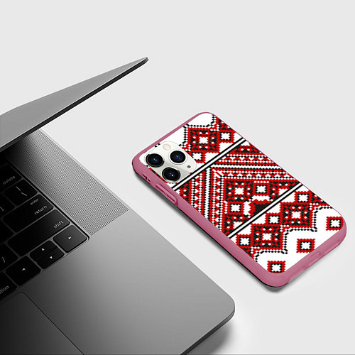 Чехол iPhone 11 Pro матовый Русский узор, геометрическая вышивка / 3D-Малиновый – фото 3