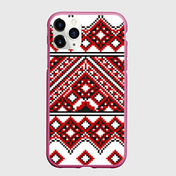 Чехол iPhone 11 Pro матовый Русский узор, геометрическая вышивка, цвет: 3D-малиновый