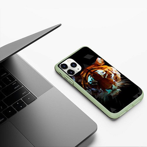 Чехол iPhone 11 Pro матовый Тигр стиль Low poly / 3D-Салатовый – фото 3
