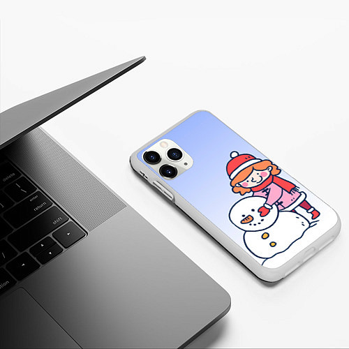 Чехол iPhone 11 Pro матовый Девочка лепит снеговика / 3D-Белый – фото 3