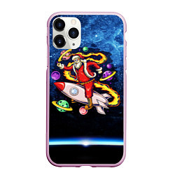 Чехол iPhone 11 Pro матовый Санта хипстер в очках на ракете в космосе с планет, цвет: 3D-розовый