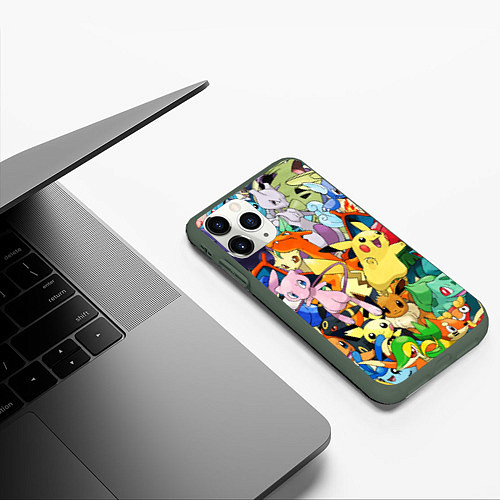 Чехол iPhone 11 Pro матовый АНИМЕ, ПОКЕМОНЫ ВСЕ ПЕРСОНАЖИ POKEMON / 3D-Темно-зеленый – фото 3