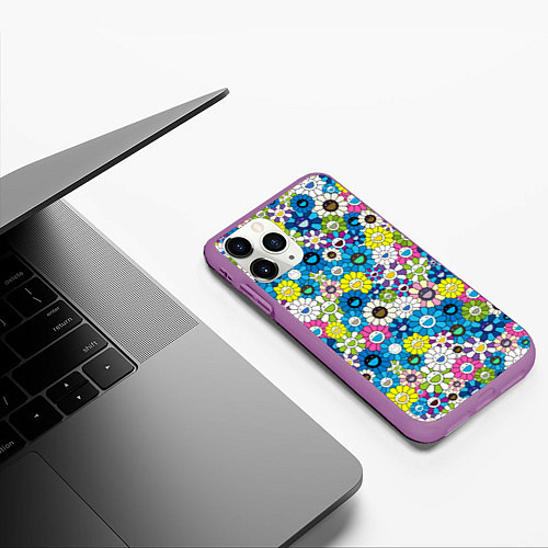 Чехол iPhone 11 Pro матовый Takashi Murakami Улыбающиеся цветы / 3D-Фиолетовый – фото 3