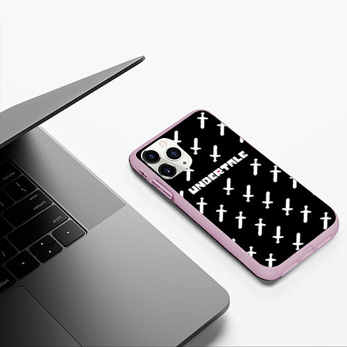 Чехол iPhone 11 Pro матовый UNDERTALE LOGO СРАЖЕНИЕ, МЕЧИ / 3D-Розовый – фото 3