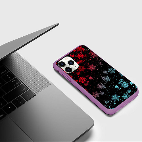 Чехол iPhone 11 Pro матовый НЕОНОВЫЕ СНЕЖИНКИ, НОВЫЙ ГОД 2022 / 3D-Фиолетовый – фото 3