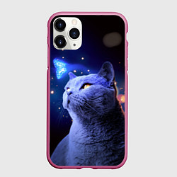 Чехол iPhone 11 Pro матовый КОТ И ГОЛУБАЯ БАБОЧКА, цвет: 3D-малиновый