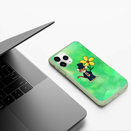 Чехол iPhone 11 Pro матовый Тигр с цветком / 3D-Салатовый – фото 3