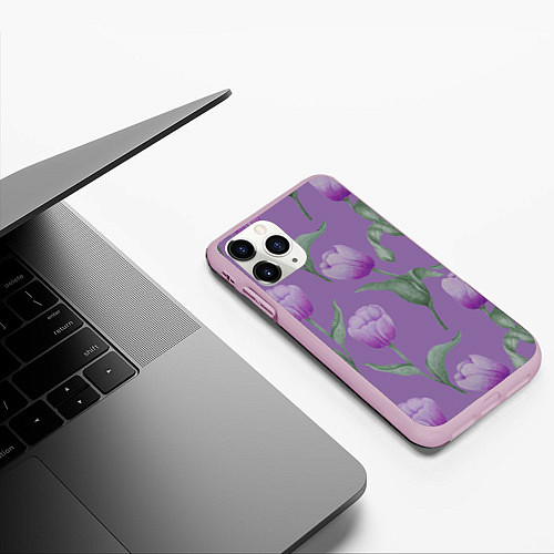 Чехол iPhone 11 Pro матовый Фиолетовые тюльпаны с зелеными листьями / 3D-Розовый – фото 3