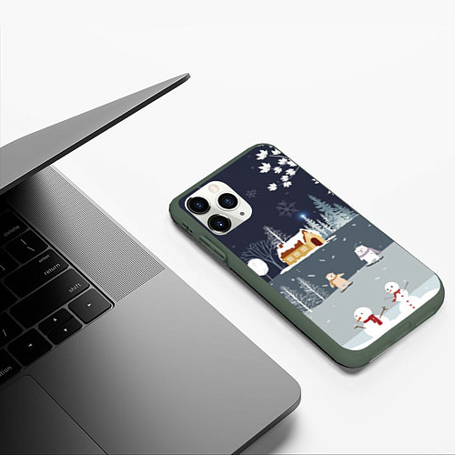 Чехол iPhone 11 Pro матовый Снеговики и Мишки 2022 / 3D-Темно-зеленый – фото 3