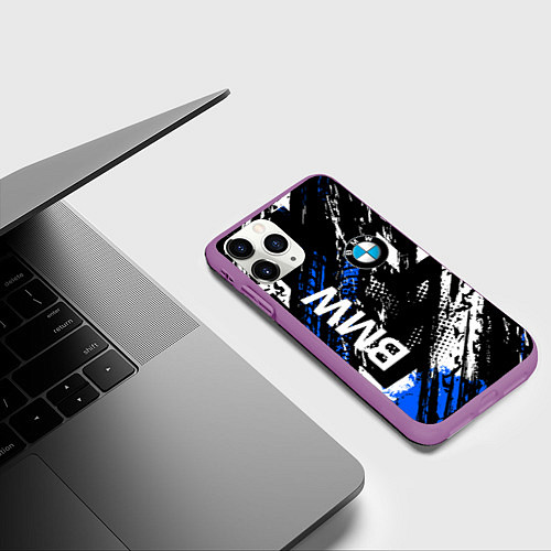 Чехол iPhone 11 Pro матовый BMW следы от шин / 3D-Фиолетовый – фото 3