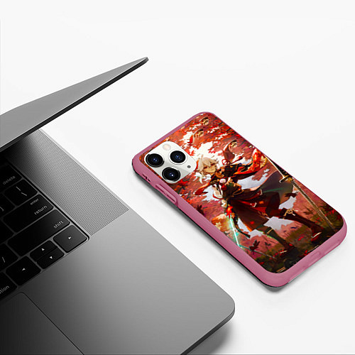 Чехол iPhone 11 Pro матовый Каэдэхара Кадзуха стоит в лесу Genshin Impact / 3D-Малиновый – фото 3