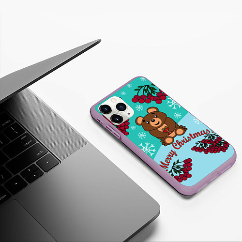 Чехол iPhone 11 Pro матовый Мишка и рождество / 3D-Сиреневый – фото 3