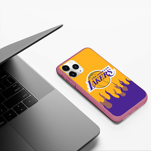 Чехол iPhone 11 Pro матовый LA LAKERS NBA FIRE ЛЕЙКЕРС ОГОНЬ / 3D-Малиновый – фото 3